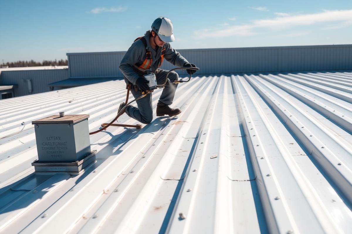Reflective white roof coating applied to a metal commercial roof